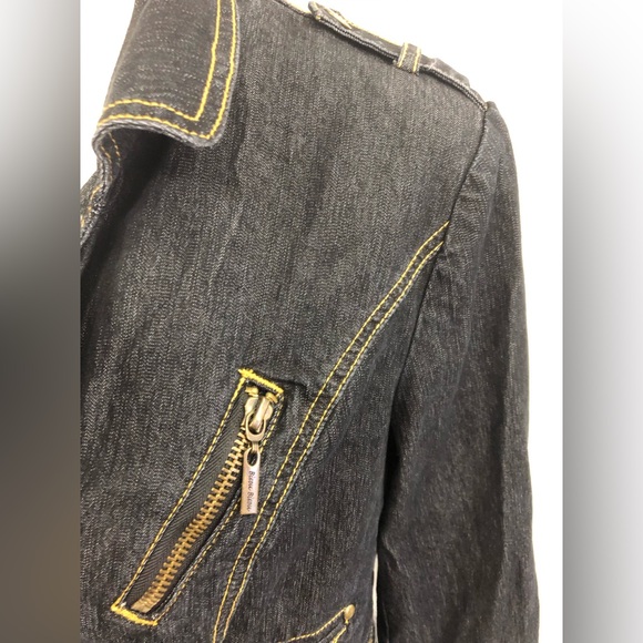 BISOU BISOU DARK GRAY DENIM CROPPED JACKET FRONT ZIPPER SIPPED CUFFS SIZE LARGE - Picture 5 of 7